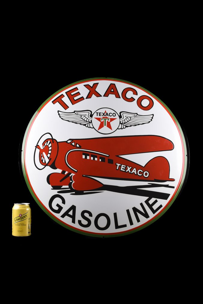 Sign - Texaco - XXXL TEXACOxAirplane; Flying! 60cm; enamel!; great 3D look; old tech.; very rare!; collectable #1.0
