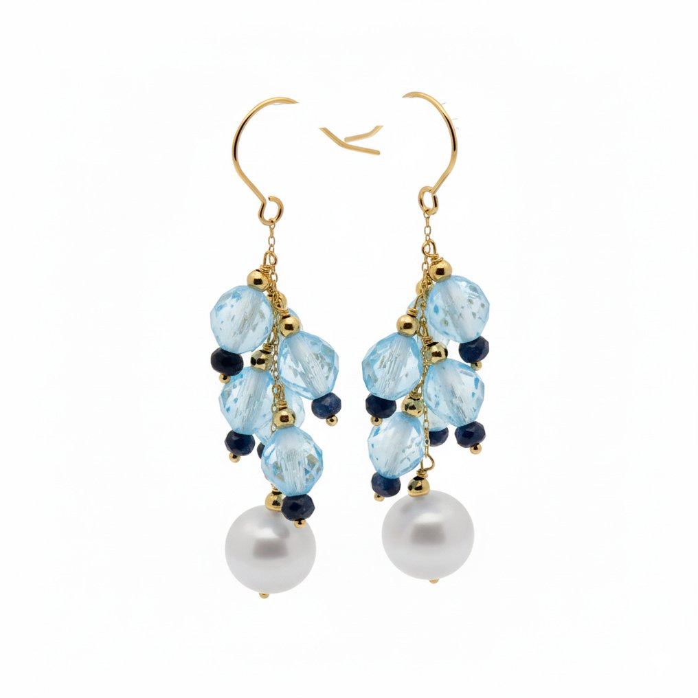 没有保留价 - 耳环 - 18K包金 黄金 珍珠 - 黄宝石 - 蓝宝石 #3.2