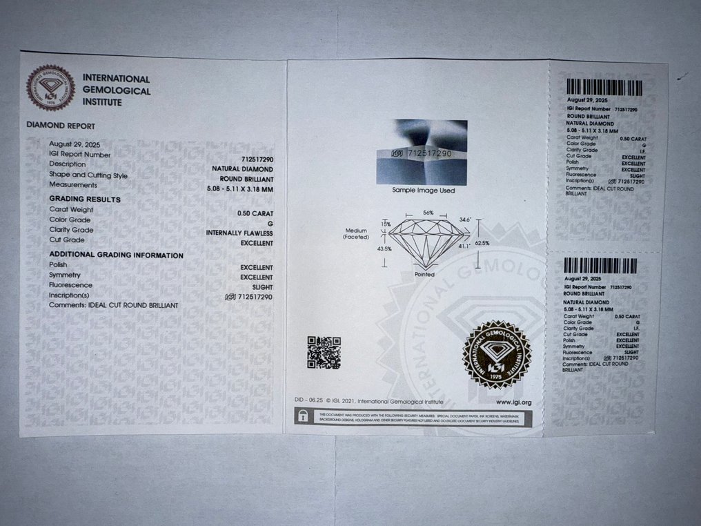 1 pcs Διαμάντι (Φυσικό) - 0.50 ct - Στρογγυλό - G - IF - International Gemological Institute (IGI) #2.1