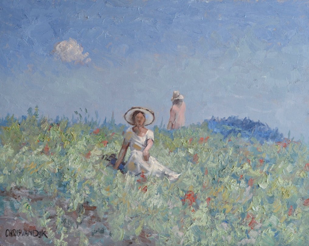 Chris van Dijk (1952) - Impressionist " Femme avec un grande chapeau " #1.0