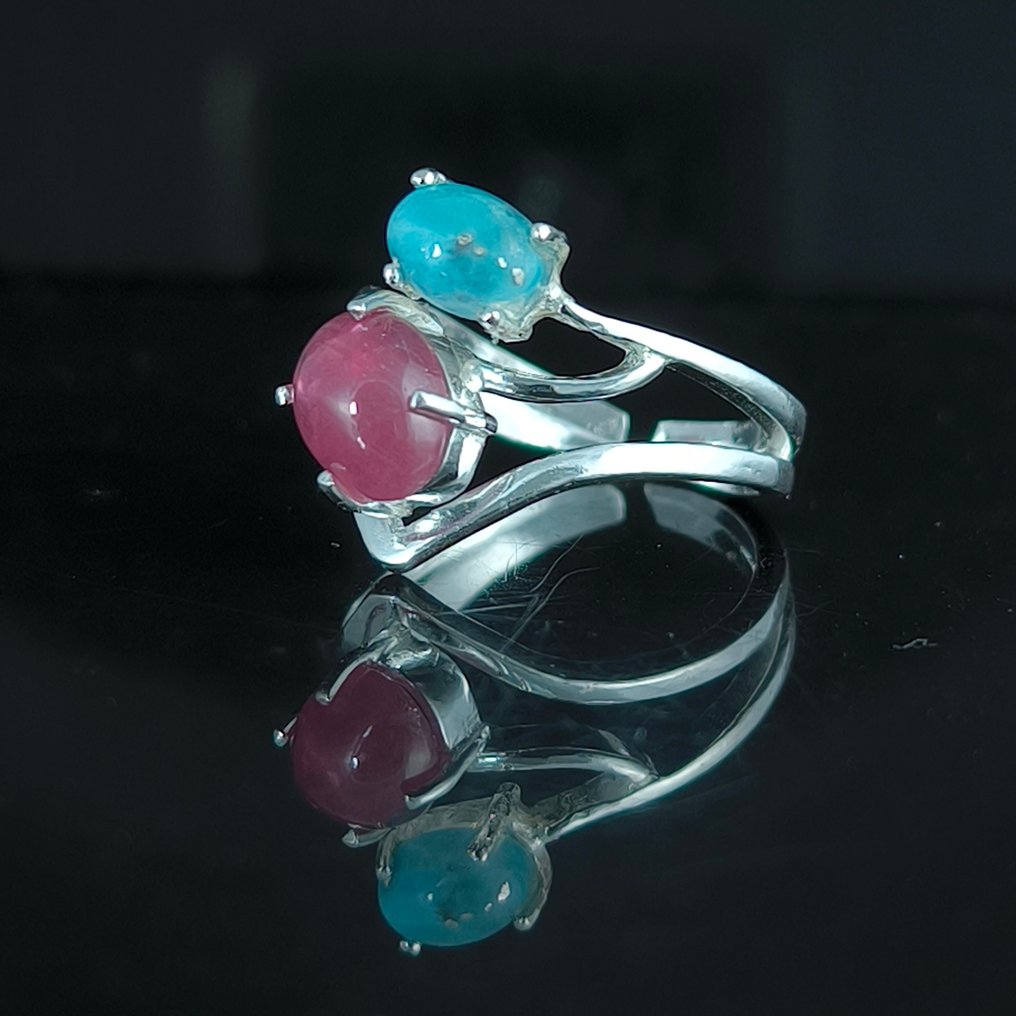 Rubin - Sølv - Amulet ring - Larimar cabochon #1.0