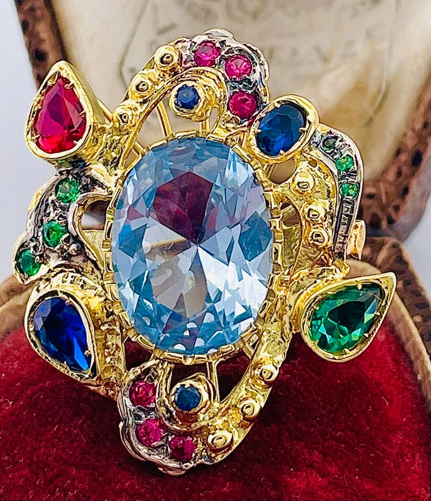 χωρίς τιμή ασφαλείας - Δαχτυλίδι - 9 kt. Κίτρινο χρυσό, Ασημί Ακουαμαρίνης - Σμαράγδι #2.1