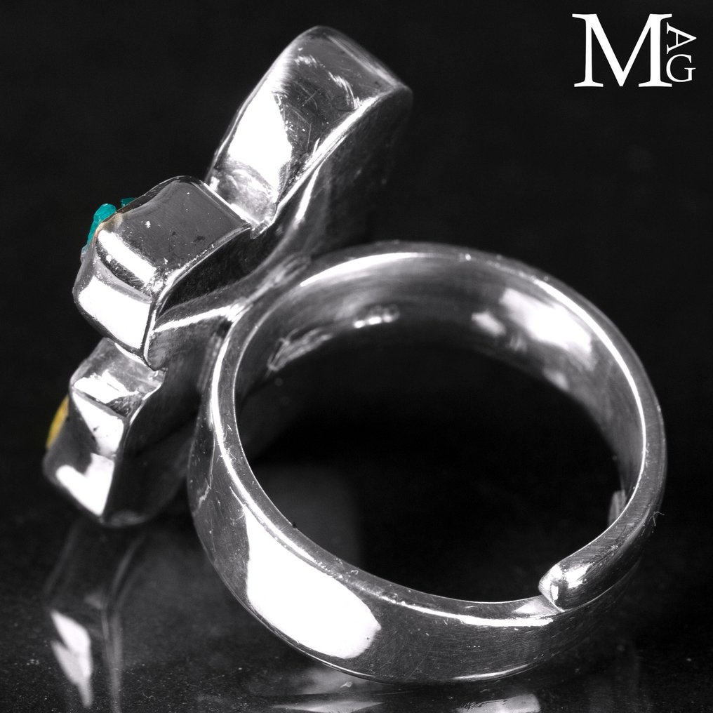 Ασημένιο δαχτυλίδι με ακατέργαστο ακουαμαρίνο, ηλιόδωρο και νεονική απατίτη. - Ύψος: 27 mm - Πλάτος: 24 mm- 12 g #4.3