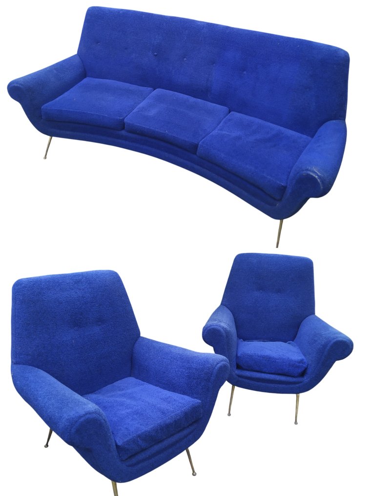 Minotti - Gigi Radice - 沙发 (3) - 纺织品, 蓝色绒布, 黄铜 - 1 弯曲沙发 2 扶手椅 #1.0