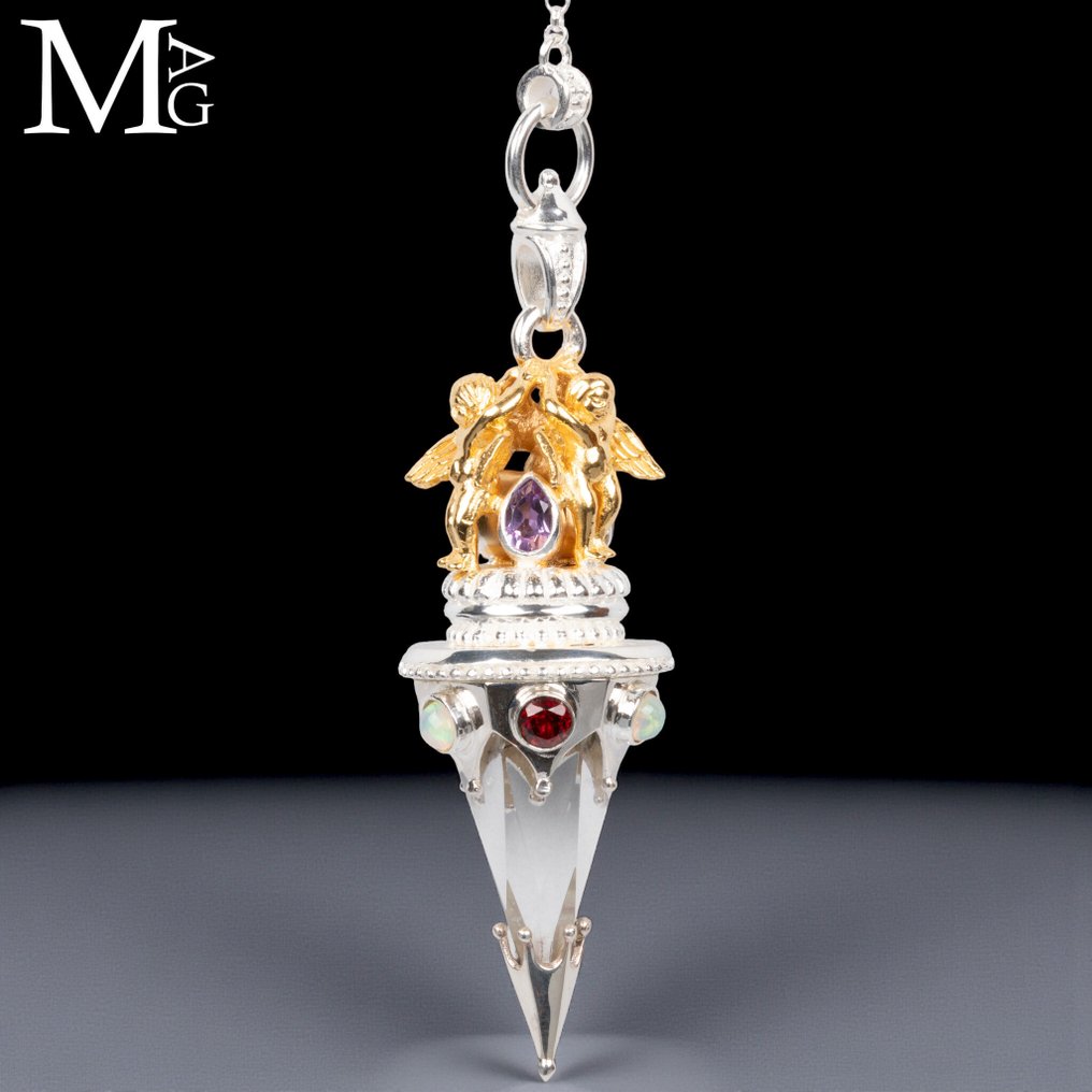 Αγγελικό ασημένιο αιωρόπτερο με διαφανές χαλαζία, όπλες, γαληνίτη και αμέθυστο. - Ύψος: 530 mm - Πλάτος: 76 mm- 36 g #3.2