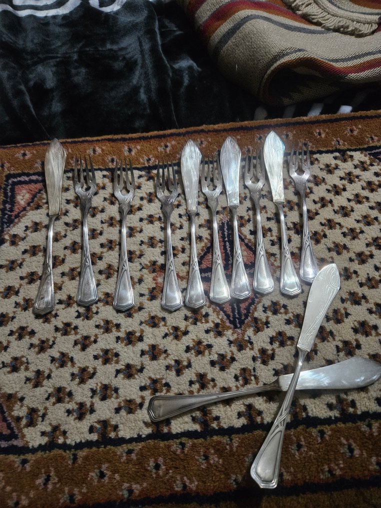 WMF - Wellenbad - 6人用鱼餐具套装 (12) - 镀银 - 新艺术风格鱼餐具 #3.2