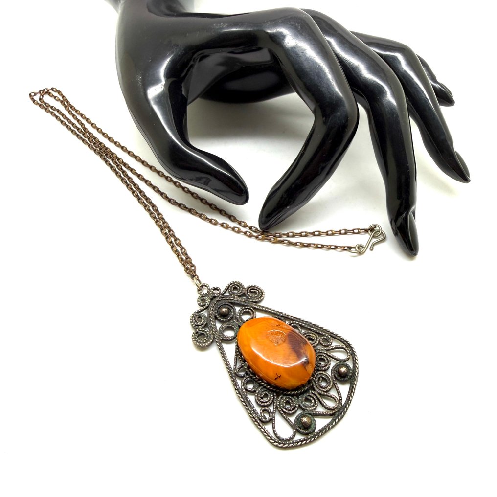 老吊坠配天然波罗的海琥珀与项链 - 琥珀 - Succinite #1.0