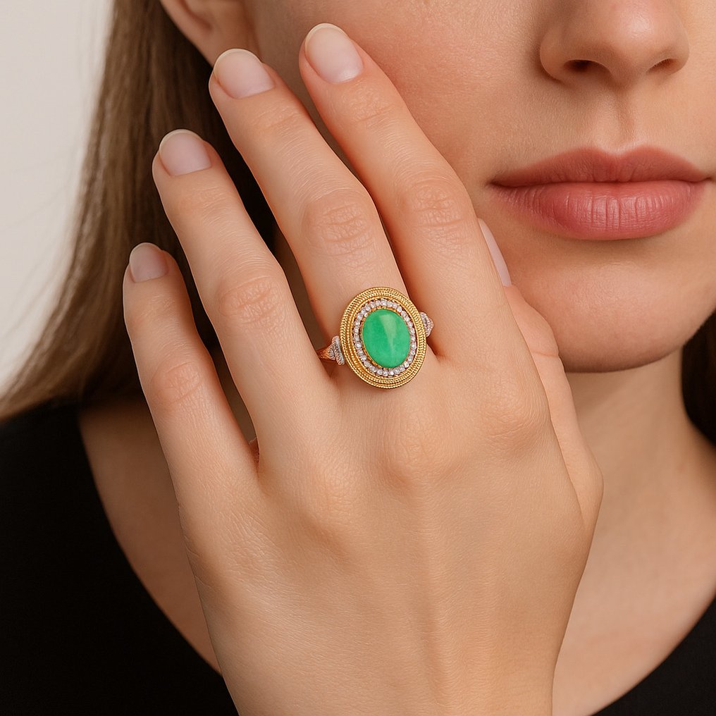 戒指 - 14K包金 黄金 - 5.37ct. tw. 祖母绿 - 钻石 - 蓝绿色透明 #1.0