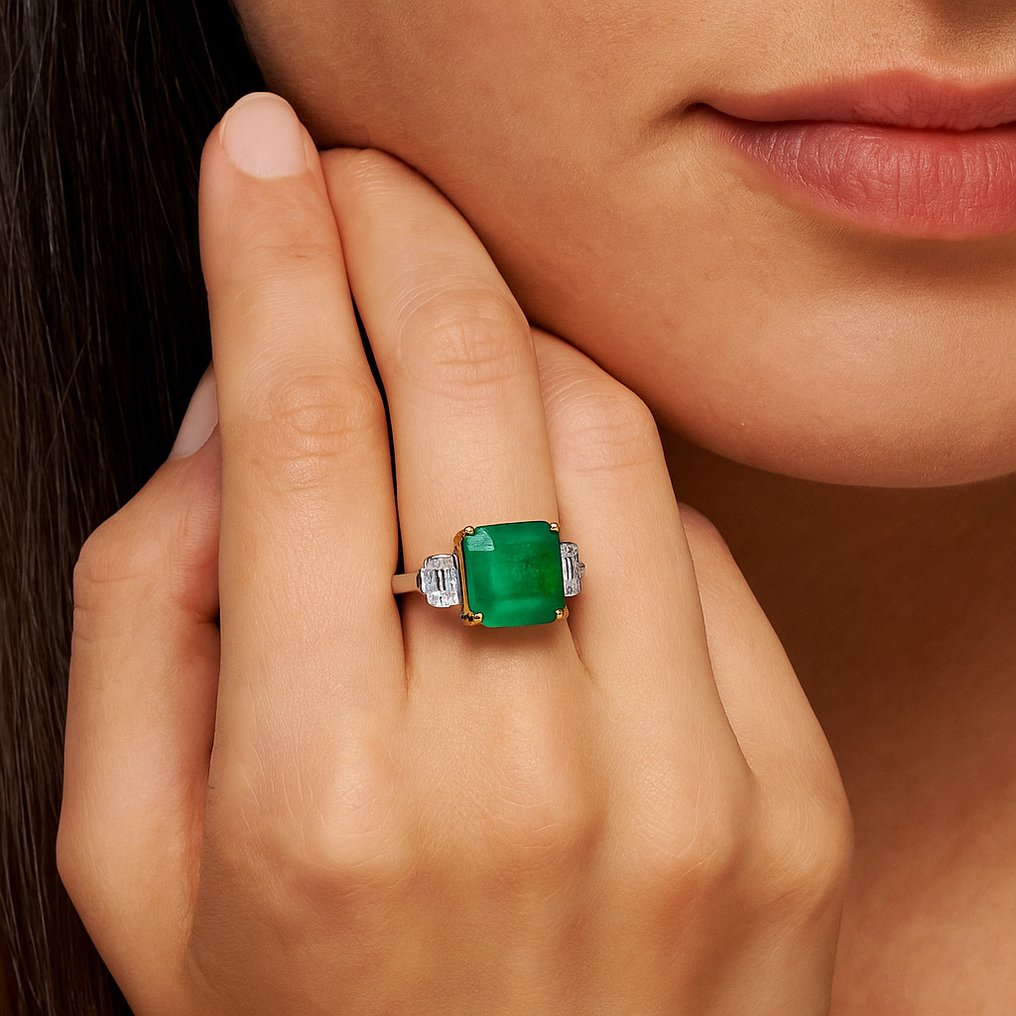 戒指 - 18 克拉 白金 - 7.80ct. tw. 祖母綠 - 鉆石 #1.0