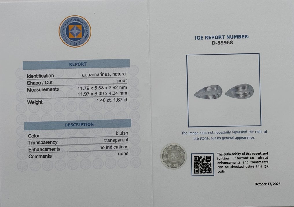 2 pcs  蓝色 海蓝宝石  - 3.07 ct - 西班牙宝石学院（IGE） #2.1