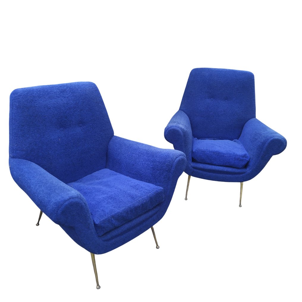 Minotti - Gigi Radice - 沙发 (3) - 纺织品, 蓝色绒布, 黄铜 - 1 弯曲沙发 2 扶手椅 #3.2