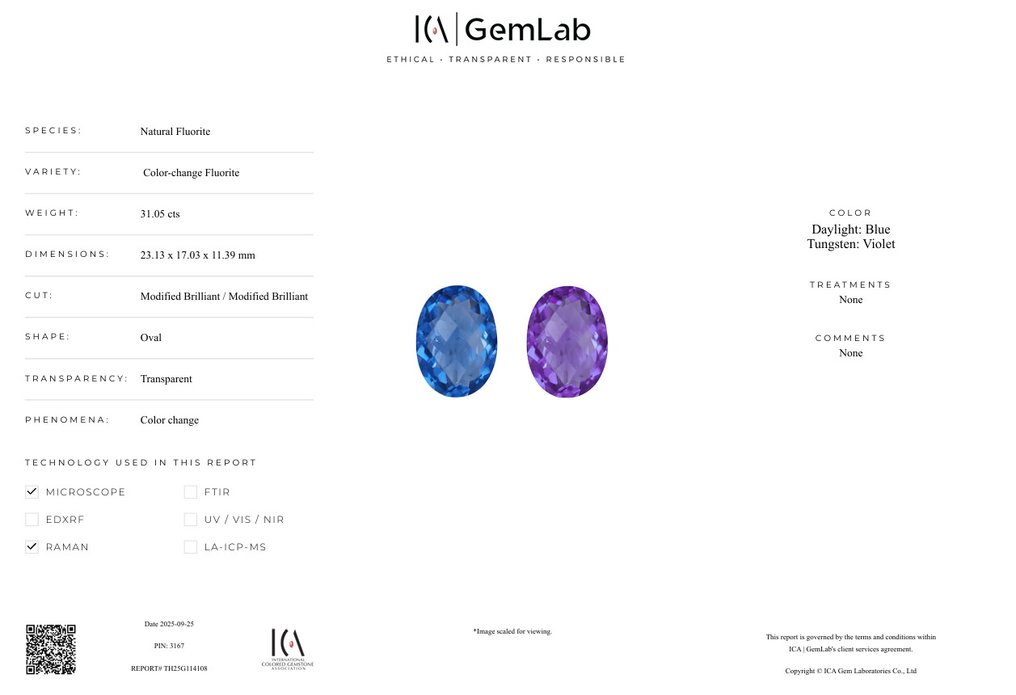Zonder Minimumprijs - 1 pcs Blauw, Violet Fluoriet - 31.05 ct - nternational Colored Gemstone Association (ICA GemLab) #4.3