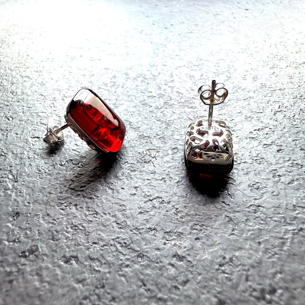 Natural Baltic amber cherry stud earrings in sterling silver - Amber - Succinite / fossilized pine tree resin #1.0