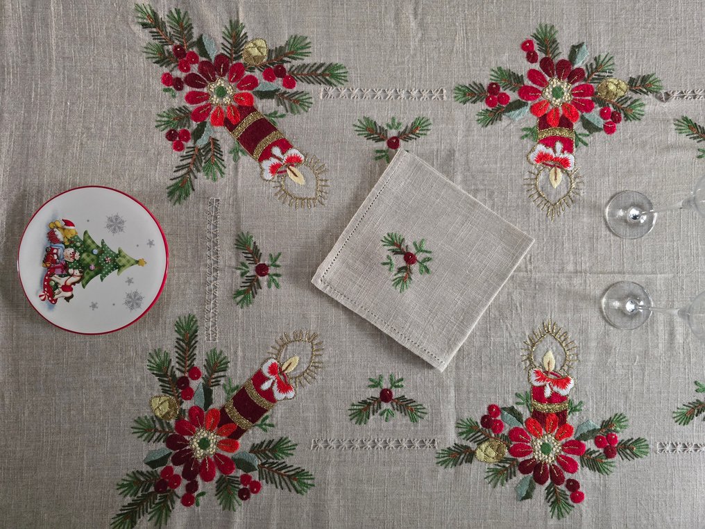 Tovaglia Natalizia ricamata a mano in canapa di lino Natale ecrù color 8 posti tablecloth christmas - Duk - 210 cm - 170 cm #1.0