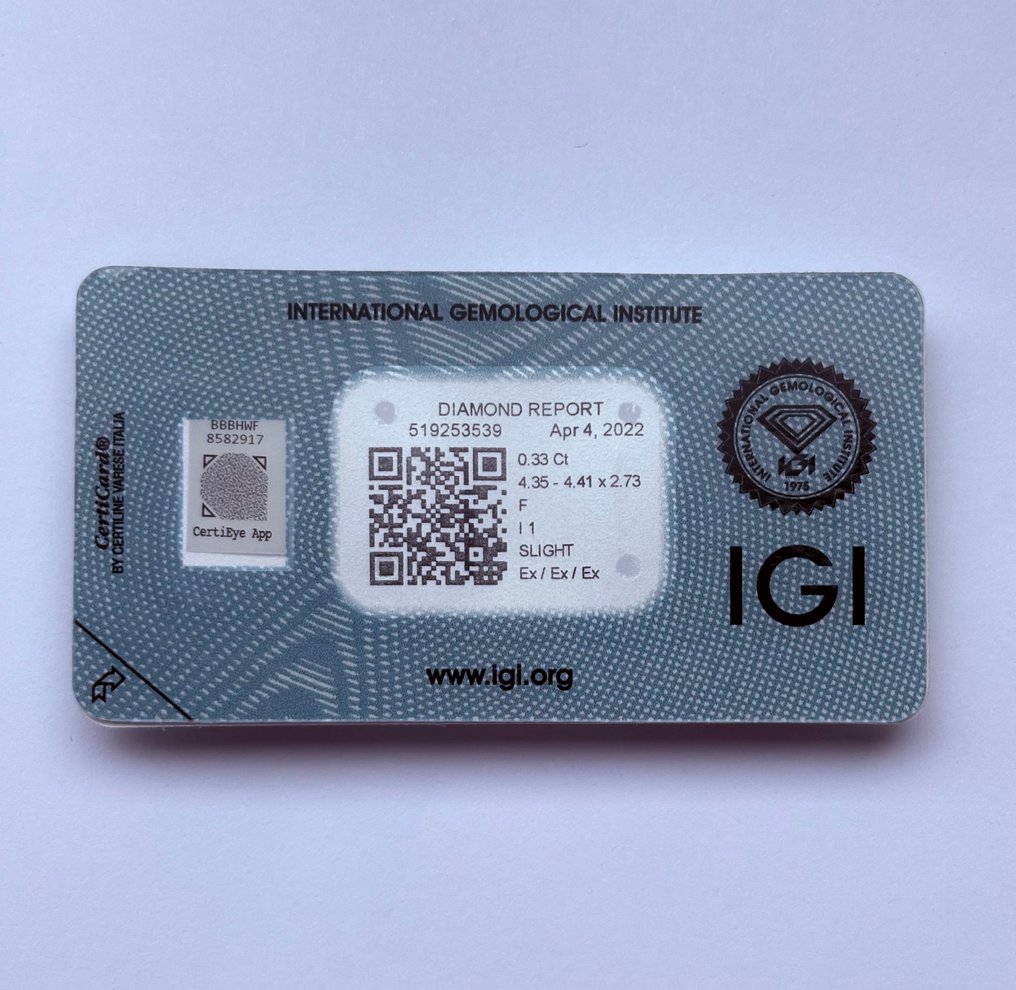 1 pcs 钻石  (天然)  - 0.33 ct - 圆形 - F - I1 内含一级 - 国际宝石研究院（IGI） - Ex Ex Ex #1.0