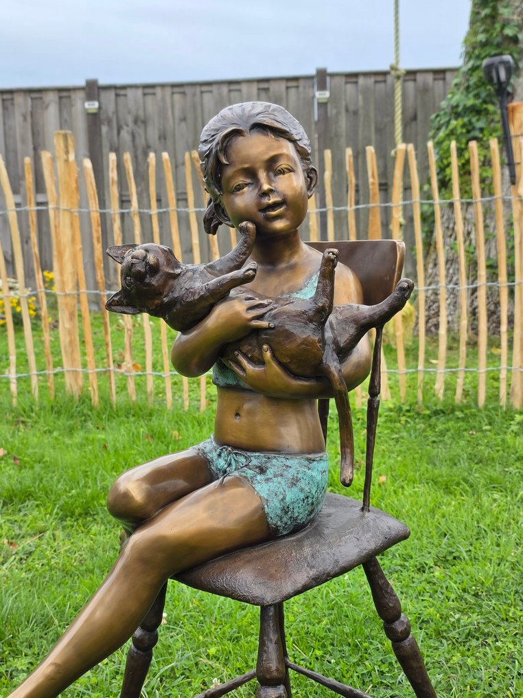 Sculpture, XL Bronze: Girl with Cat - 94 cm - Bronze #1.0