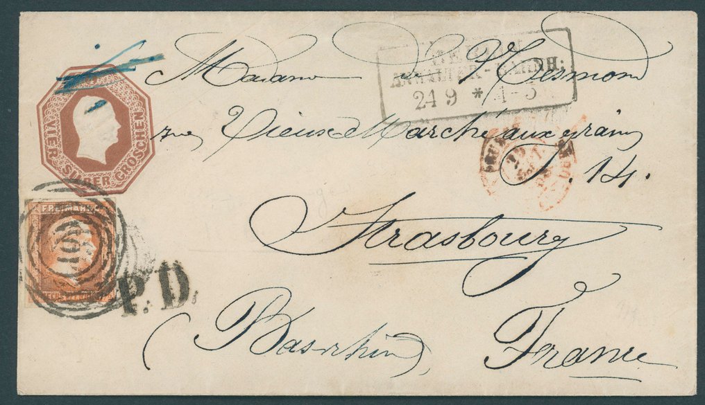 普魯士 1852 - GA 4 棕色信封，附加邮资1/2 棕色橙色国际信件，寄往法国 - Ganzsache 4 Sgr. oktogon #1.0