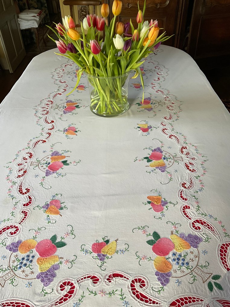 Τραπεζομάντηλο με βαμβακερό appliqué από τις αρχές του 20ού αιώνα. - Ύφασμα  - 2.9 m - 1.65 m #1.0