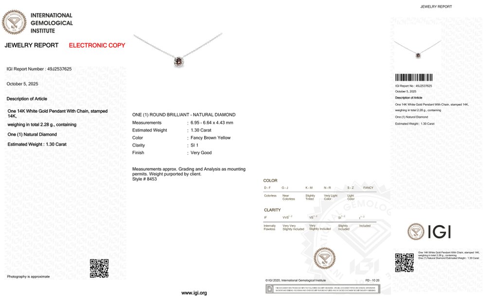 吊坠项链 - 14K包金 白金 -  1.30ct. tw. 钻石 (天然色彩的) #1.0