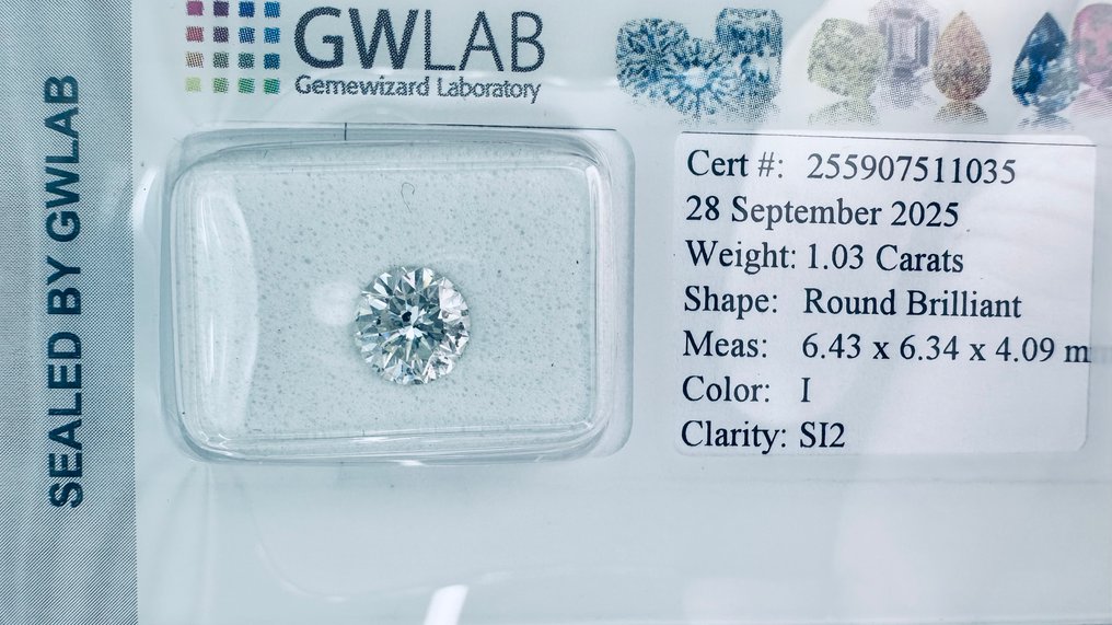 1 pcs 鑽石 (天然) - 1.03 ct - 圓形 - I(極微黃、正面看為白色) - SI2 - Gemewizard Gemological Laboratory (GWLab) - ( NATURAL - VG/VG/VG ) #1.0