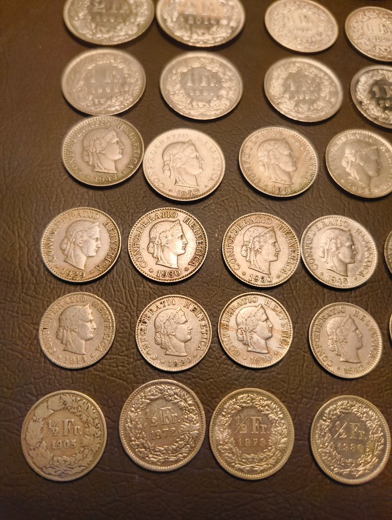 Schweiz. Lot of 60+ coins, incl. silver, 5, 10, 20 Rappen & 1/2, 1, 2 Francs - XIX/XXI cent. (Ingen mindstepris) #4.3