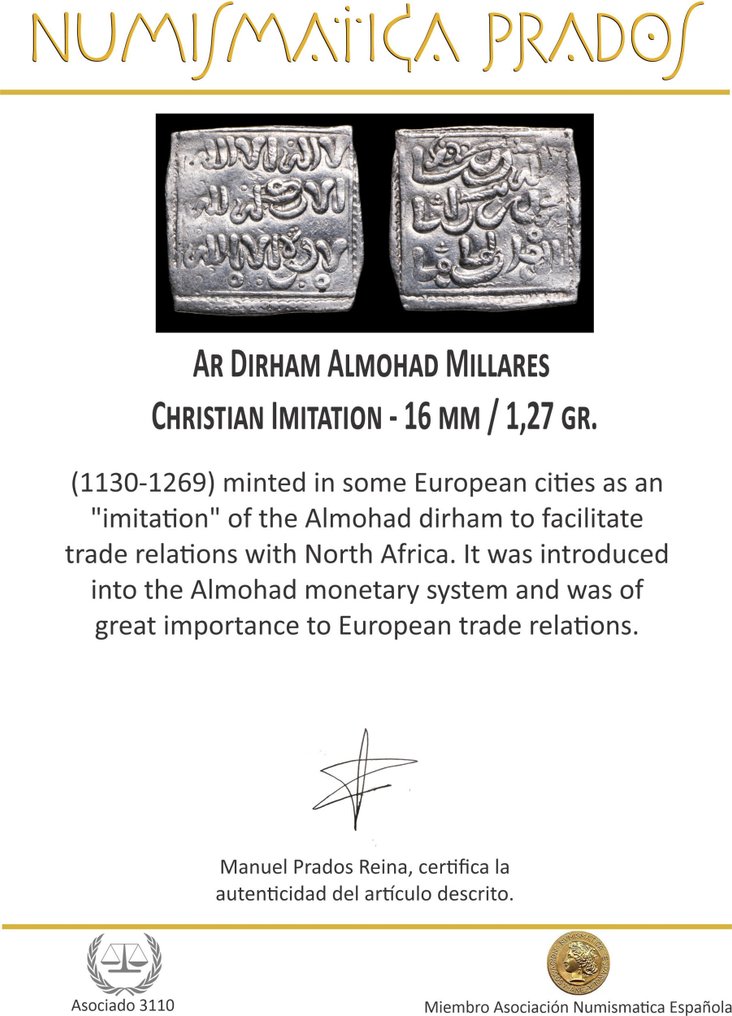 Almohad. Dirham Millares, Imitación Cristiana (1130-1269) (No Reserve Price) #1.0