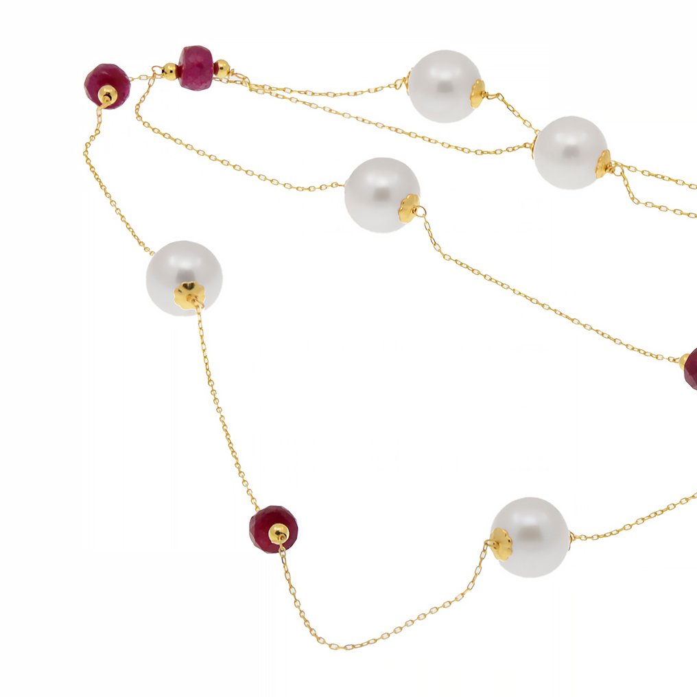 没有保留价 - 项链 - 18K包金 黄金 珍珠 - 红宝石 #3.2
