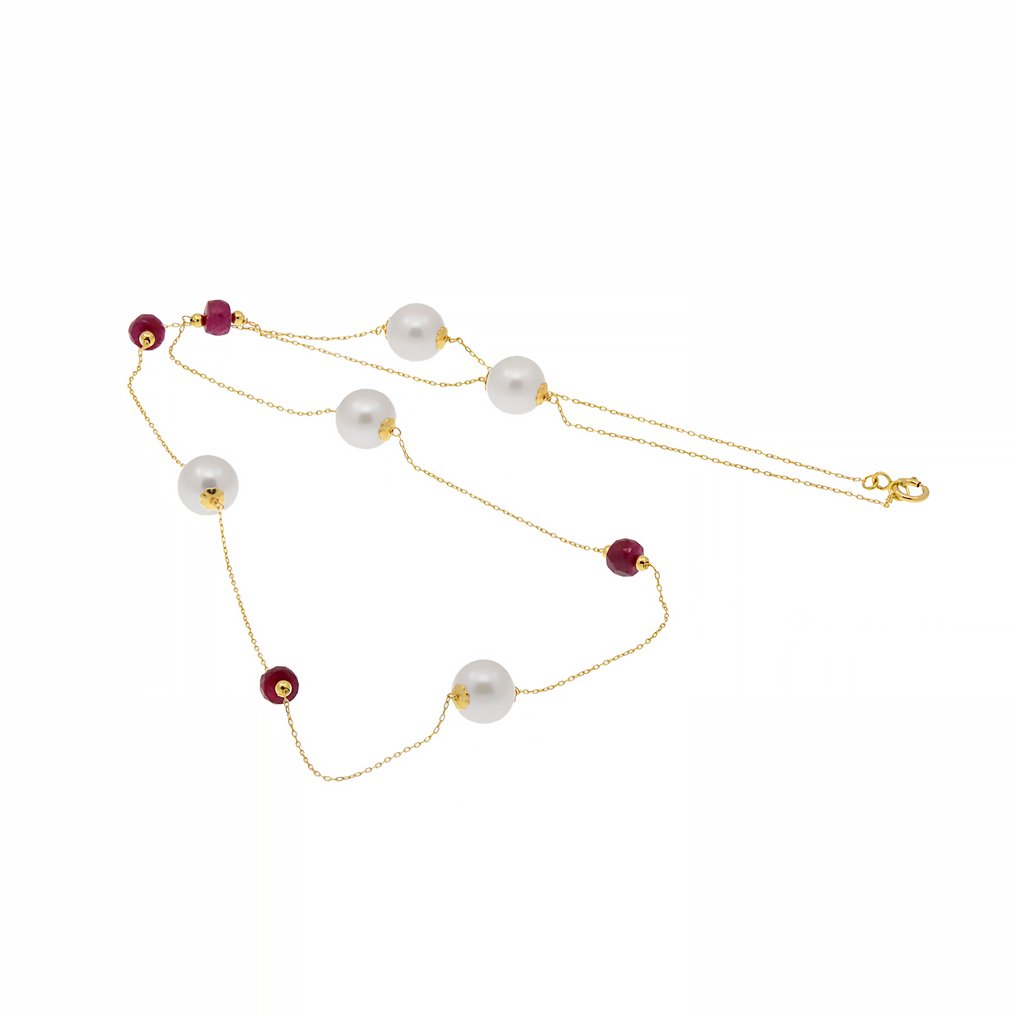 没有保留价 - 项链 - 18K包金 黄金 珍珠 - 红宝石 #1.0