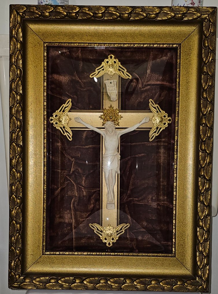 Αντίκες Εσταυρωμένος - Ξύλο, Γυαλί - 1940-1950 - Crusifix γυάλινο μπλοκ - 40 x 56 εκ.  #1.0