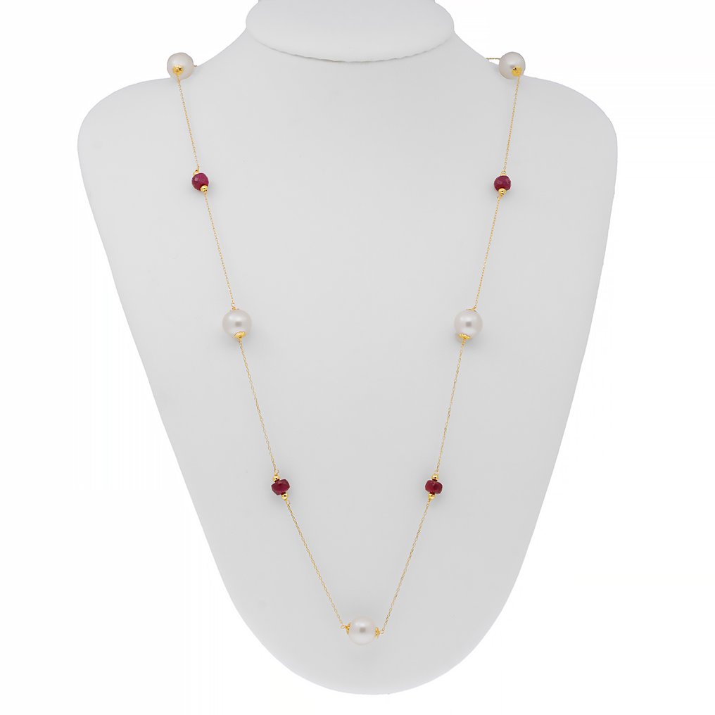 没有保留价 - 项链 - 18K包金 黄金 珍珠 - 红宝石 #1.0