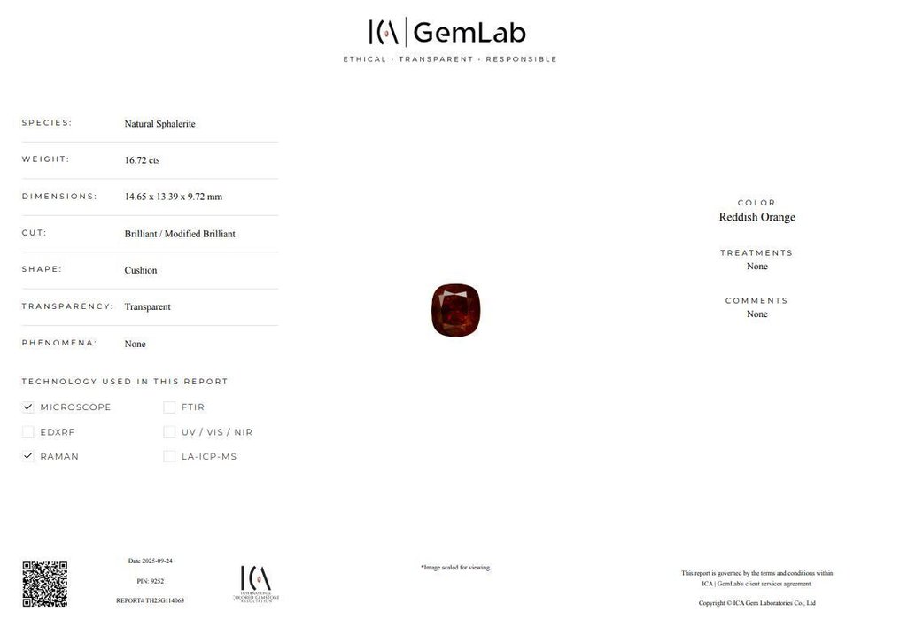1 pcs Orange, Red Sphalerite - 16.72 ct - International Colored Gemstone Association (ICA GemLab) #3.2