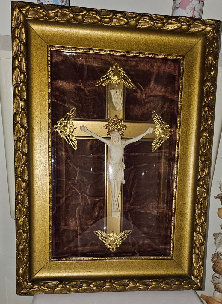 Αντίκες Εσταυρωμένος - Ξύλο, Γυαλί - 1940-1950 - Crusifix γυάλινο μπλοκ - 40 x 56 εκ.  #3.2