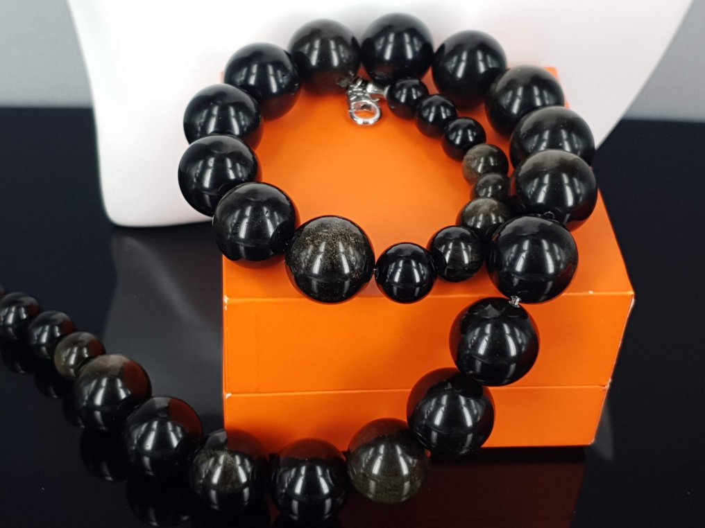 Μεγάλη Κολιέ από φυσικό μαύρο χρυσό obsidian / Δωρεάν αποστολή - Αλυσίδα #1.0