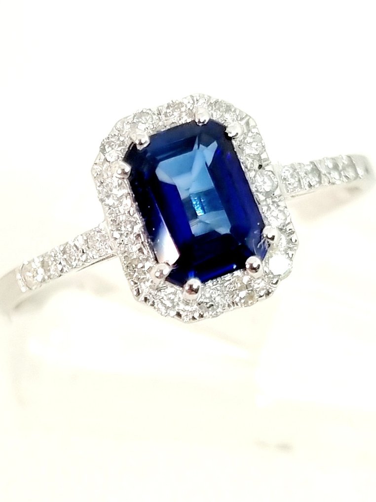 戒指 - 18 克拉 白金 藍寶石 - 鉆石 #1.0