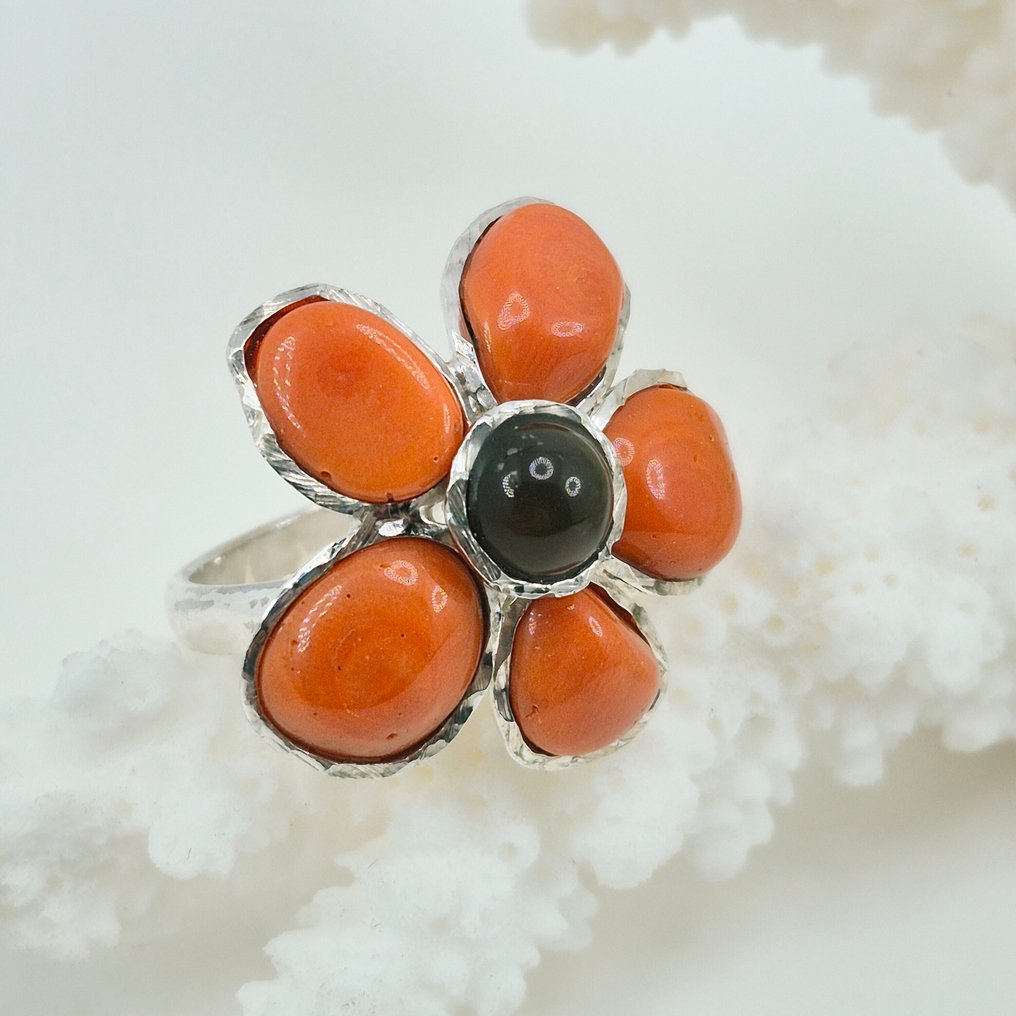 Κοράλλι αίματος - Ασημί - Δαχτυλίδι - CORALLO MEDITERRANEO #1.0