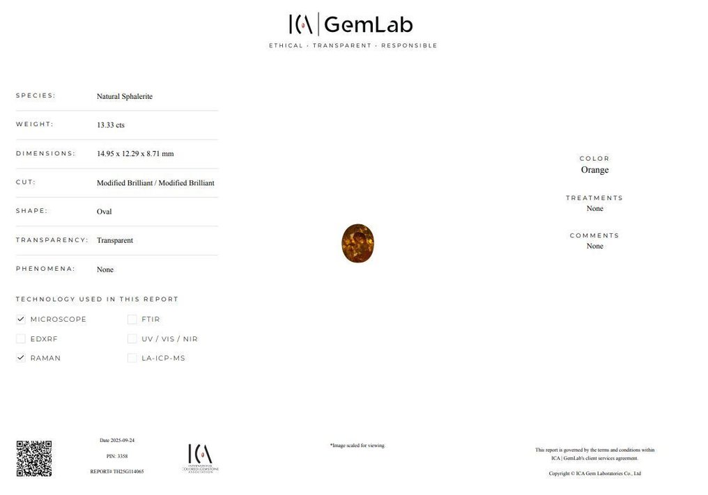1 pcs  Orange Sphalerit  - 13.33 ct - International Colored Gemstone Association (ICA GemLab) #3.2