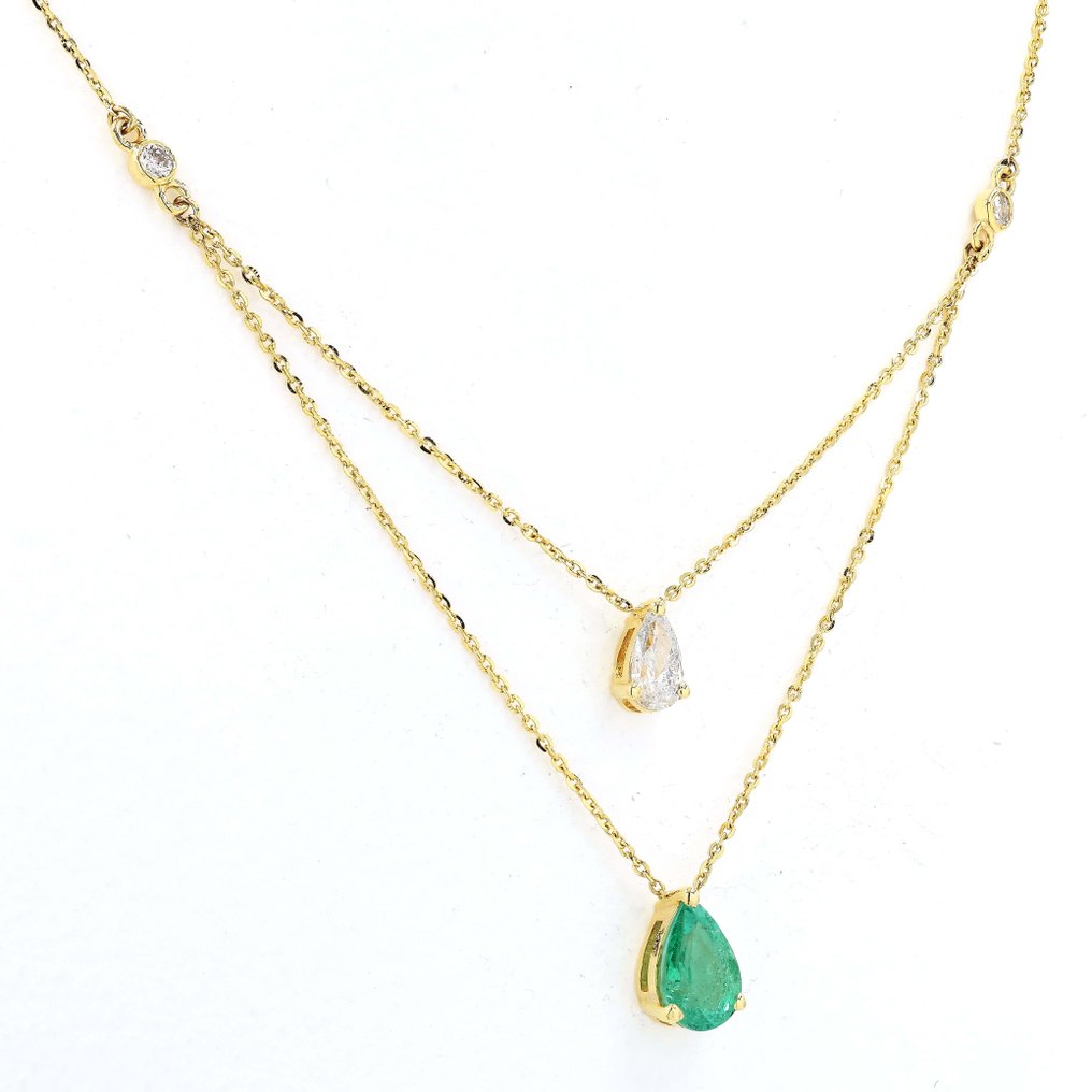 项链 - 14K包金 黄金 -  1.27ct. tw. 祖母绿 - 钻石 - 多层宝石项链 #2.1