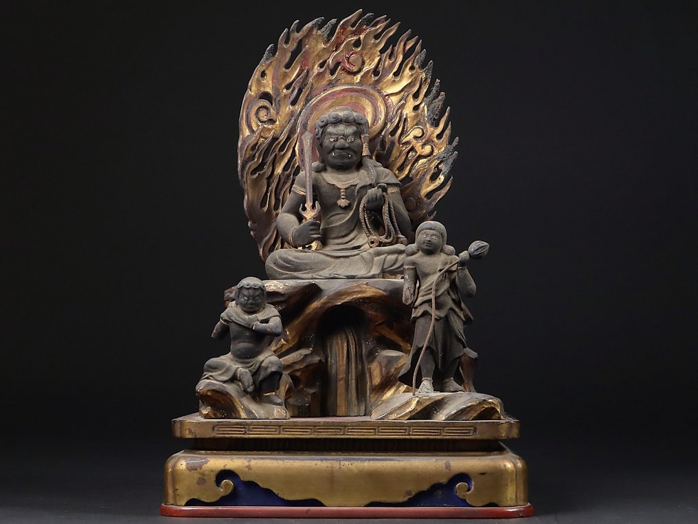 Sculpture of Acala (Fudo Myoo 不動明王) with Attendants Kongara Doji and Seitaka Doji - Γλυπτό Ξύλο - Ιαπωνία - Meiji period (1868-1912) #1.0