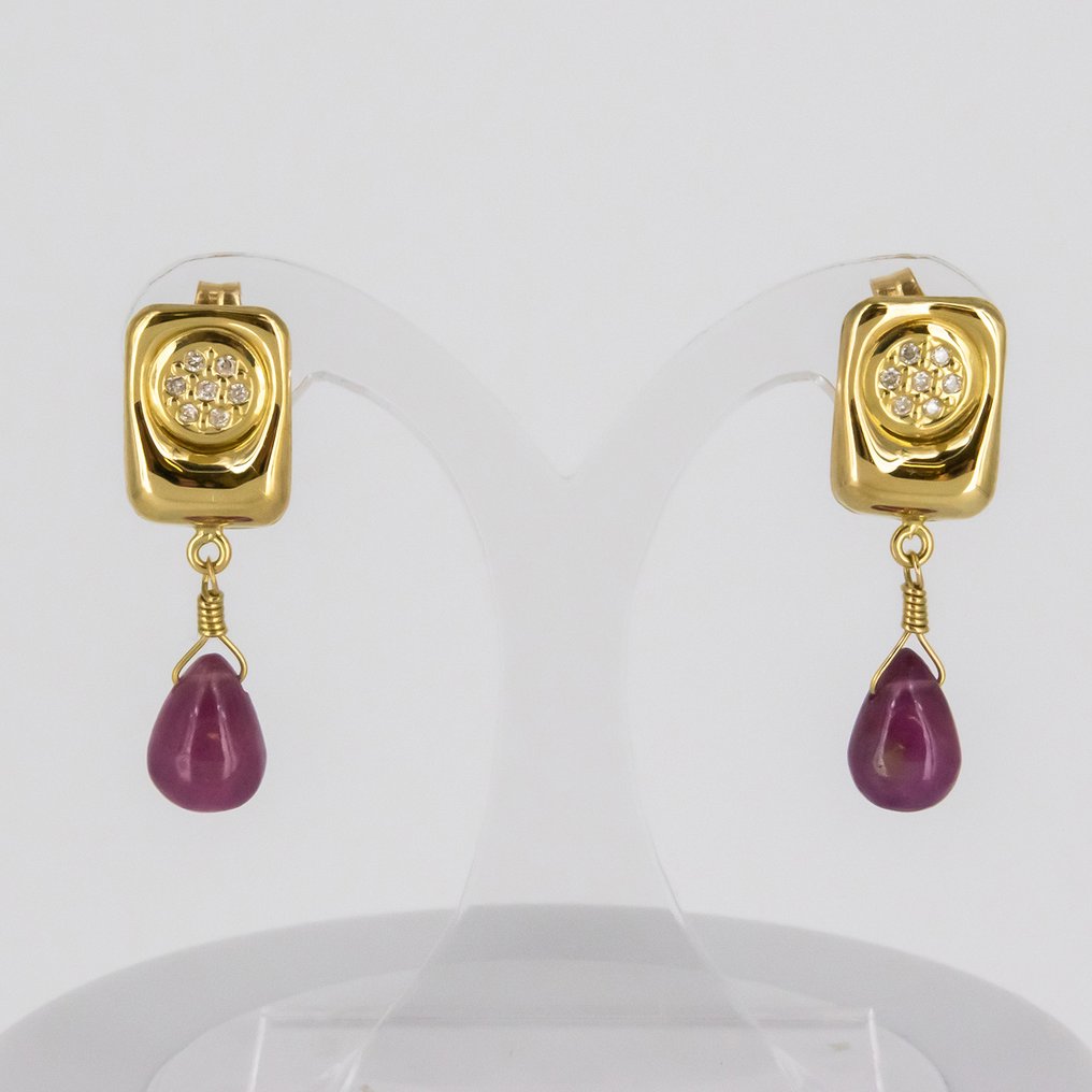 Boucles d'oreilles - 18 carats Or jaune Rubis - Diamant #1.0