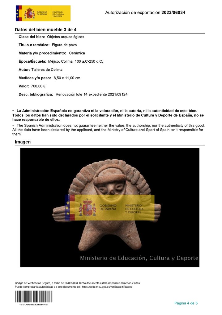 Präkolumbisch - Colima Seltene Keramik-Truthahn-Pfeife Mit spanischer Ausfuhrgenehmigung #4.3