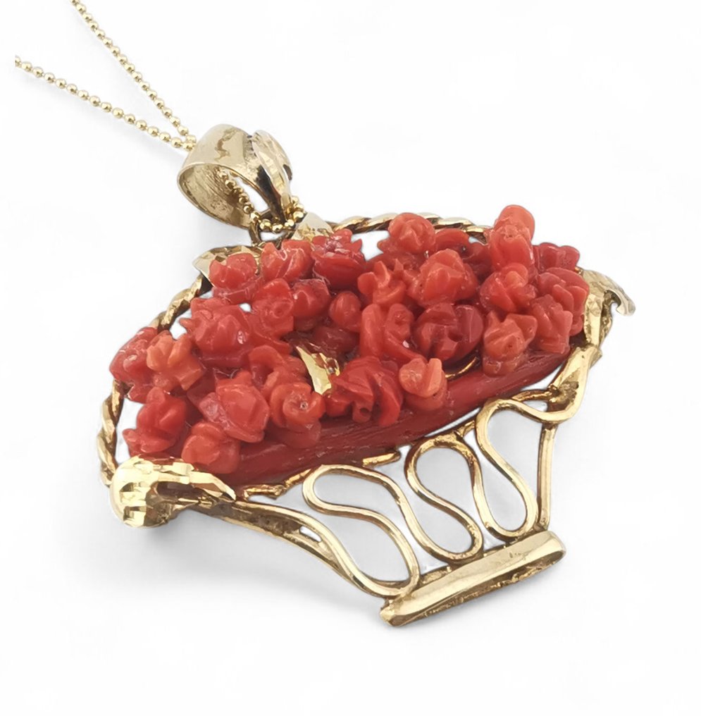 珊瑚 - 银 - 吊坠 - 手工雕刻 #1.0