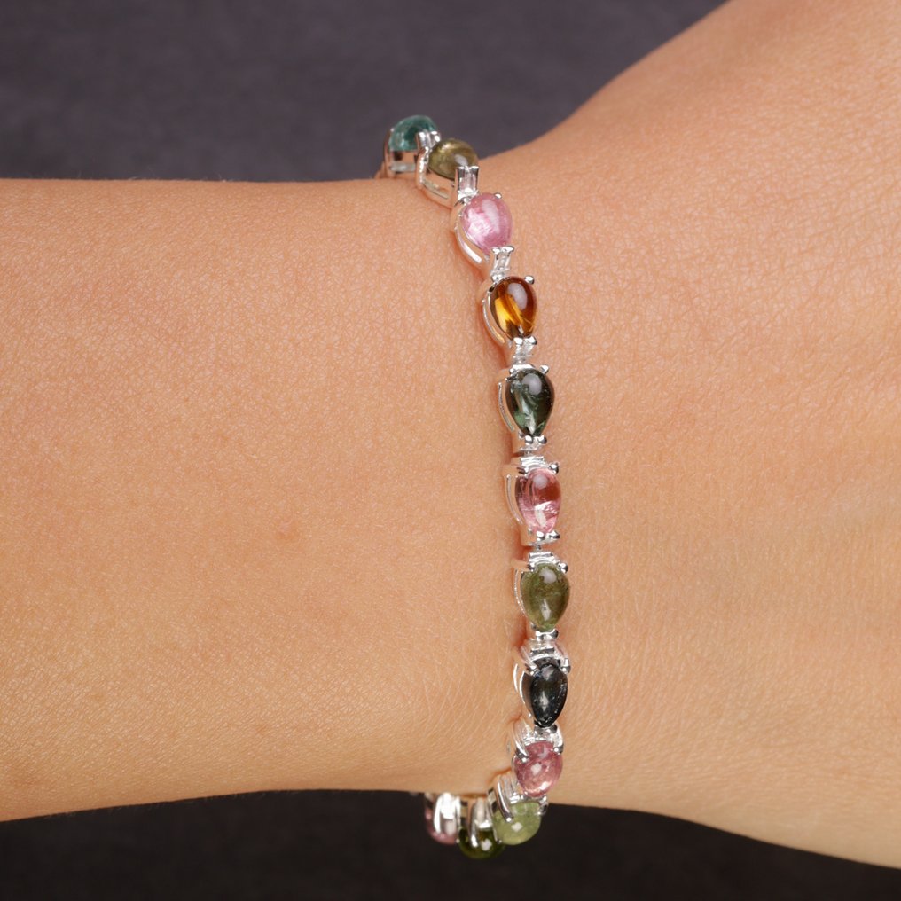 Tennis Bracelets with Natural Gemstones Silver Bracelet with Multicolor Tourmaline Pears - Height: 195 mm - Width: 5 mm- 9 g #1.0