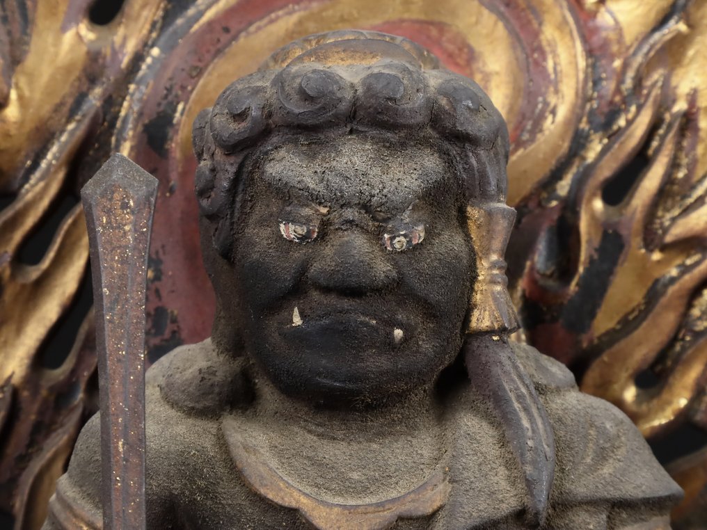Sculpture of Acala (Fudo Myoo 不動明王) with Attendants Kongara Doji and Seitaka Doji - Γλυπτό Ξύλο - Ιαπωνία - Meiji period (1868-1912) #2.1