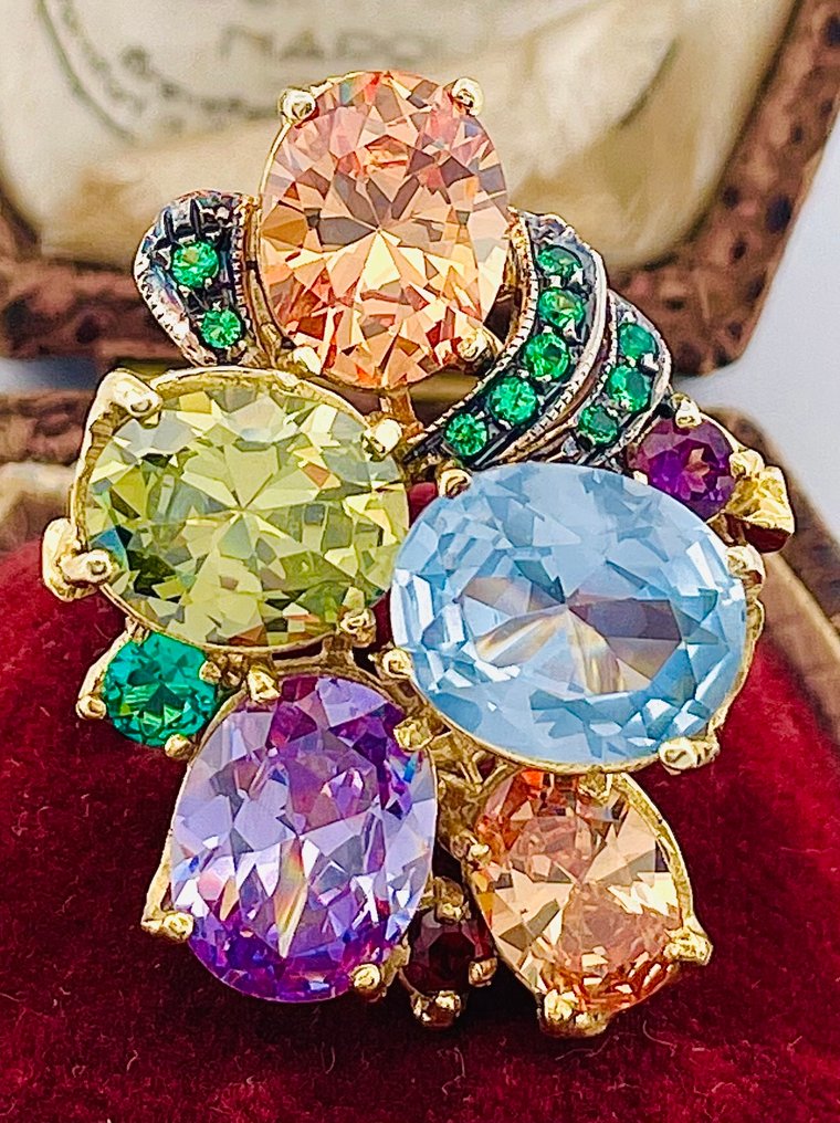 没有保留价 - 戒指 - 9 kt. 黄金, 银 海蓝宝石 - 祖母绿 #1.0