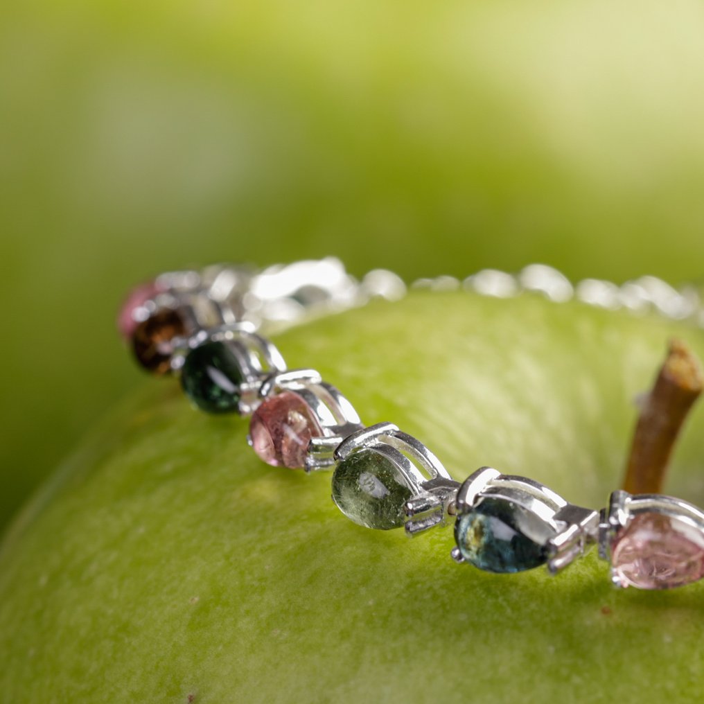 Tennis Bracelets with Natural Gemstones Silver Bracelet with Multicolor Tourmaline Pears - Height: 195 mm - Width: 5 mm- 9 g #3.2