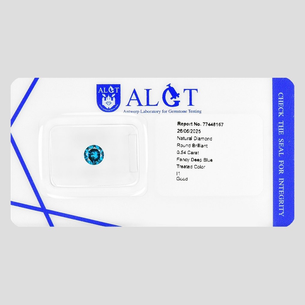 没有保留价 - 1 pcs 钻石  (经彩色处理)  - 0.54 ct - 圆形 - Fancy deep 蓝色 - I1 内含一级 - 安特卫普宝石检测实验室（ALGT） #4.3