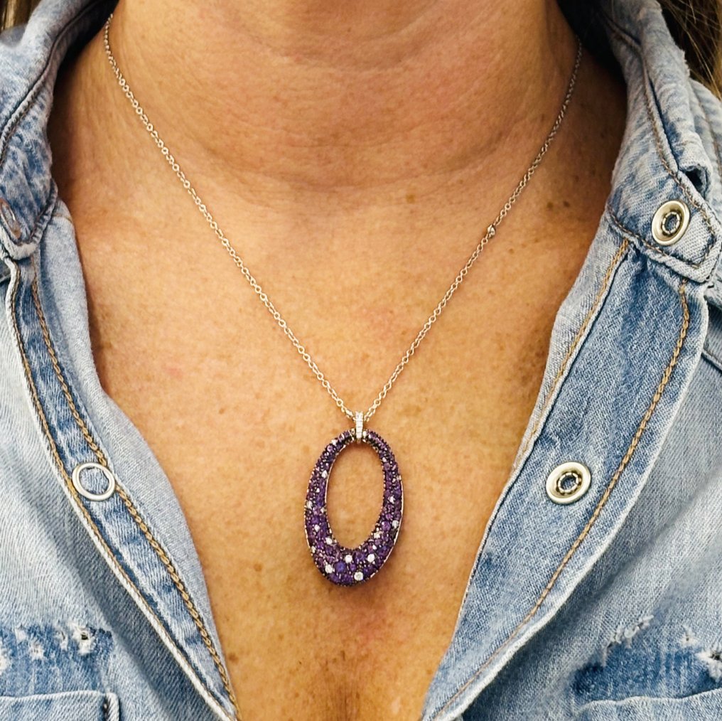 Bibigi - Κολιέ - 18 καράτια Λευκός χρυσός -  2.89ct. tw. Αμέθυστος - Διαμάντι #1.0