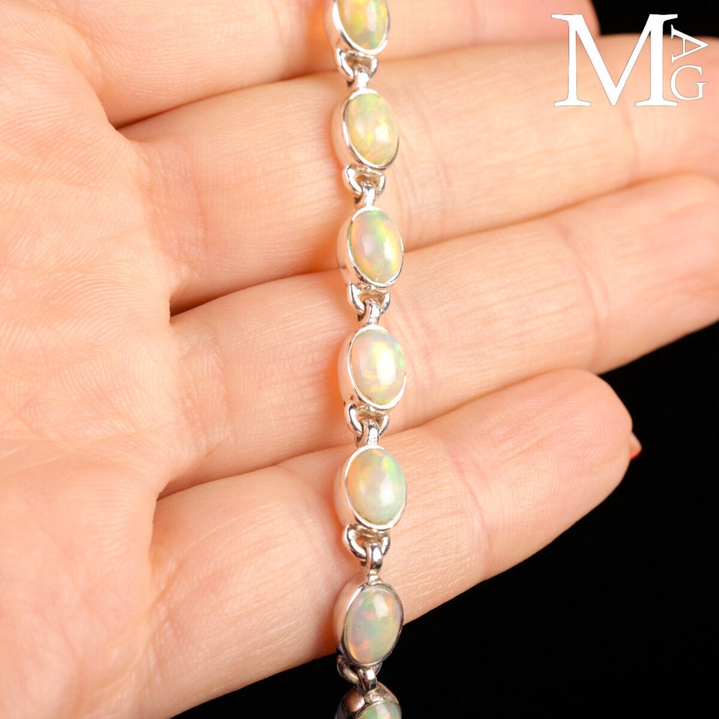 网球手链配天然宝石 纯银手链配埃塞俄比亚欧泊宝石 - 高度: 195 mm - 闊度: 6 mm- 10 g #4.3