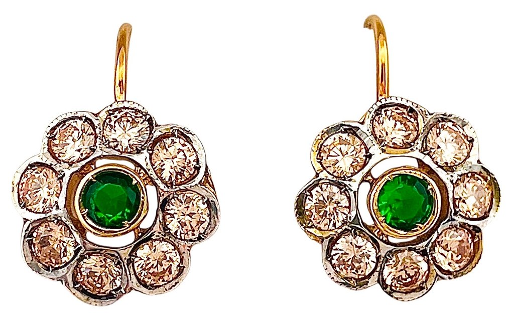 Ingen reservasjonspris - Øredobber - 9 karat Gull, Sølv Smaragd - Kvarts #3.2
