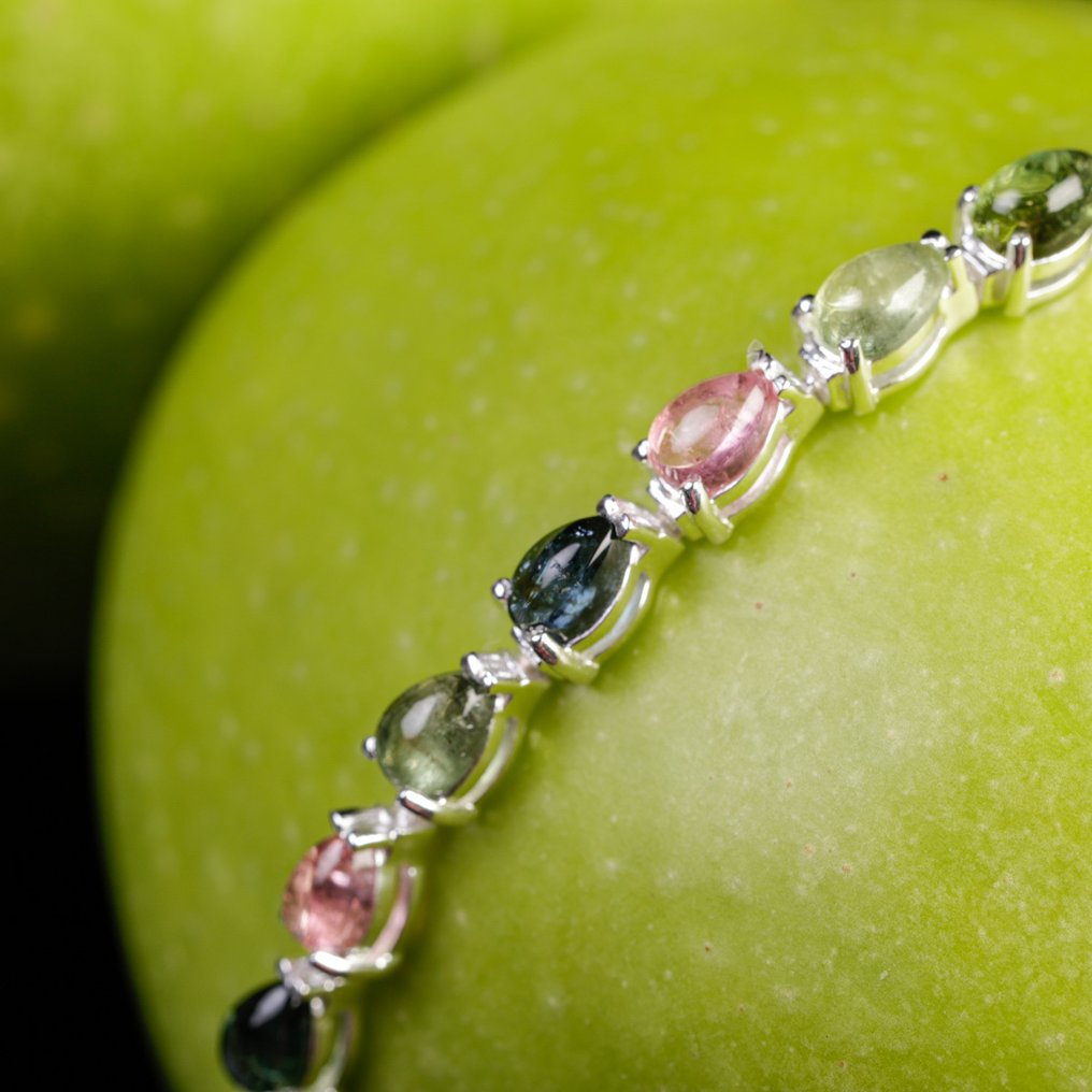 Tennis Bracelets with Natural Gemstones Silver Bracelet with Multicolor Tourmaline Pears - Height: 195 mm - Width: 5 mm- 9 g #2.1